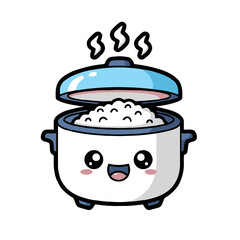Cute cartoon rice cooker with an open lid, filled with rice and steam