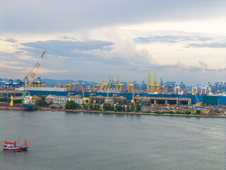 Aerial view cargo ships are docked at large export warehouse in Laem chabang port