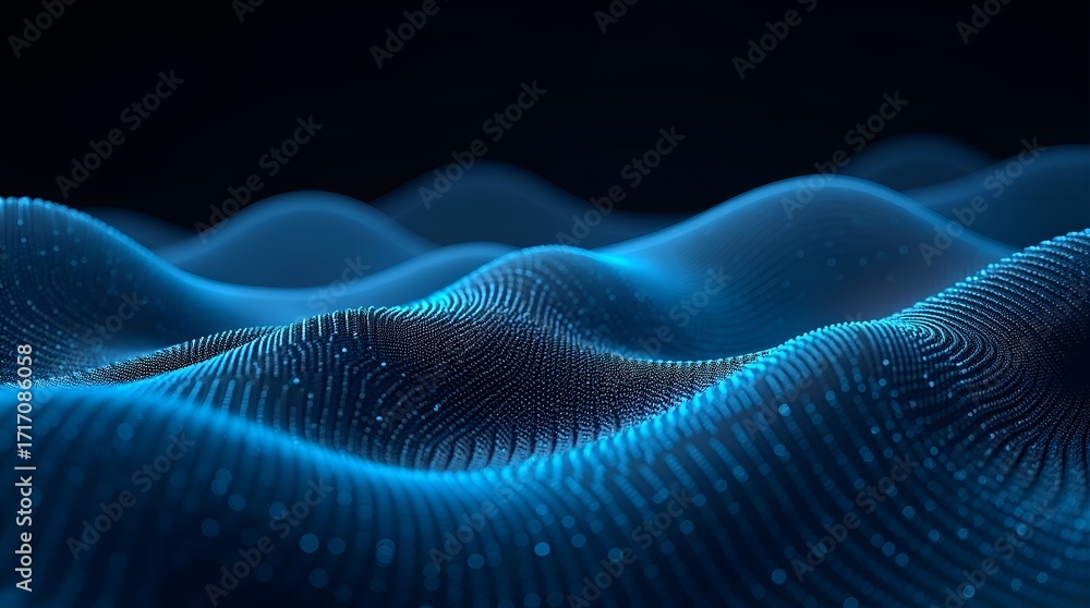 Poster digital mesh gradient design – soft blue light accents flow along curved lines on a dark backdrop. w