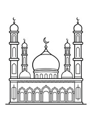 Outline drawing of a grand mosque with domes and minarets