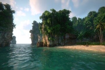 Tropical island paradise with rocky coastline