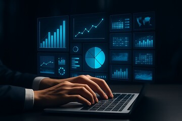Business financial analysis with laptop and glowing holographic graphs pie charts and futuristic data visualization technology concept