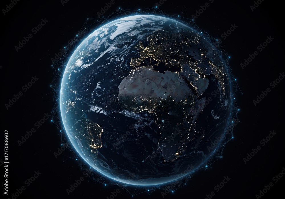 Poster digital earth illuminated by city lights and surrounded by a glowing network of global connections r