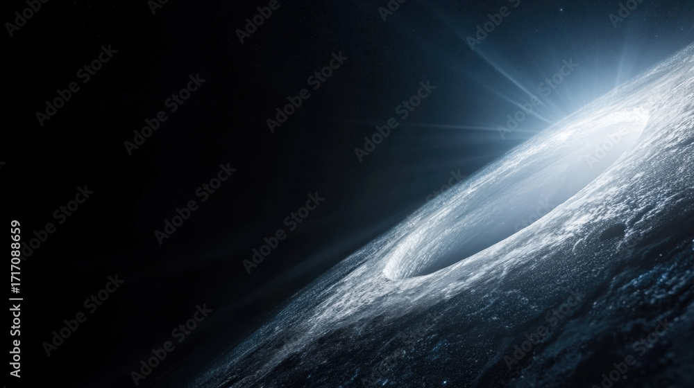 Poster gravity, mysterious dark space with a luminous circular opening emitting rays of light.