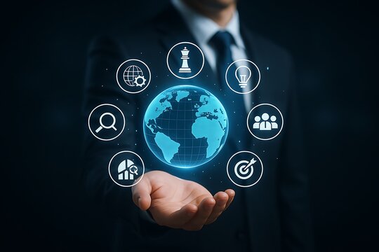 Businessman holding holographic globe surrounded by strategy icons representing global vision innovation leadership business growth and digital technology concept - Powered by Adobe