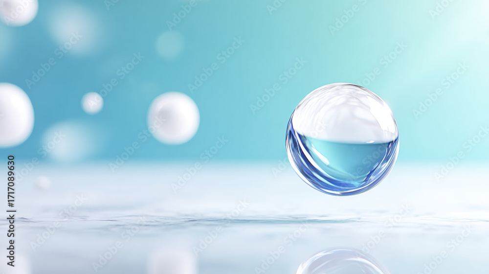 Poster gravity, floating bubble reflecting light over a serene blue background, creating a calming atmosphe