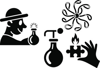 Mysterious man mixing potions for magic with puzzle piece and perfume bottle icons