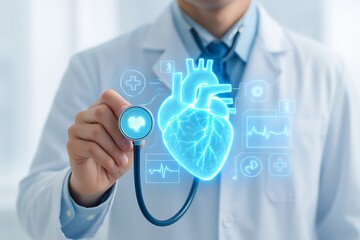Doctor using stethoscope with holographic digital heart interface futuristic cardiology healthcare innovation diagnostics medical technology and advanced patient monitoring system concept