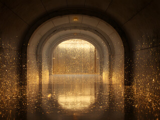 Naklejka premium Arched tunnel with cascading golden light and reflections