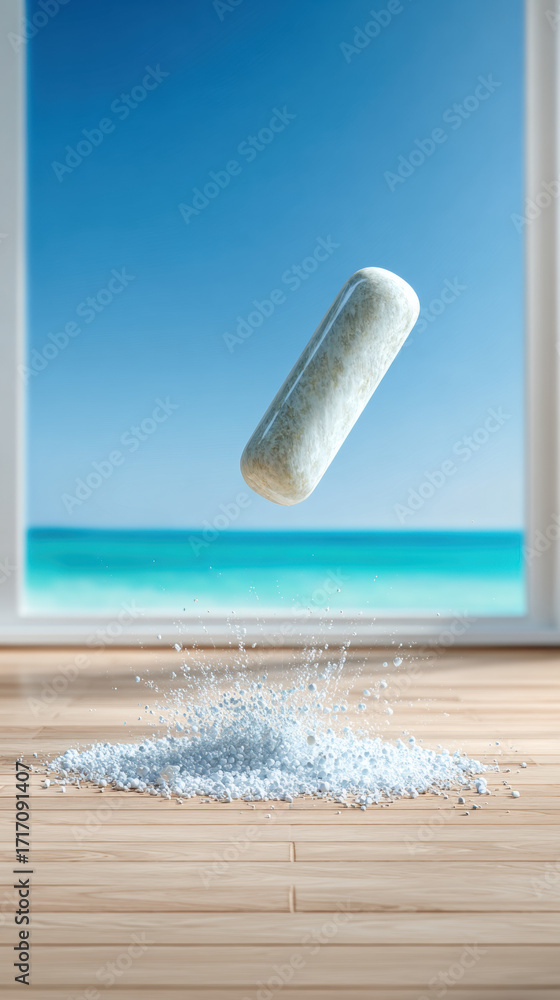 Aufkleber gravity, a stylized view of an object floating above a beach scene, creating a surreal atmosphere.
