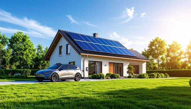 Sustainable modern home powered by solar energy with electric car charging in sunny suburban landscape