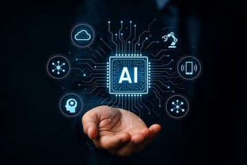 Fototapeta premium Futuristic ai technology with businessman presenting holographic chip for artificial intelligence innovation and modern digital solutions