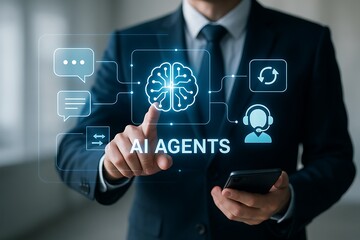 Futuristic artificial intelligence agents technology with businessman interacting through digital holographic interface for innovation automation and business communication solutions