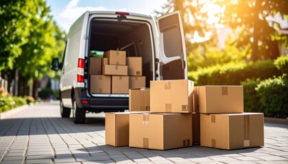 Reliable delivery van loaded with packages on sunny suburban street, ready for distribution
