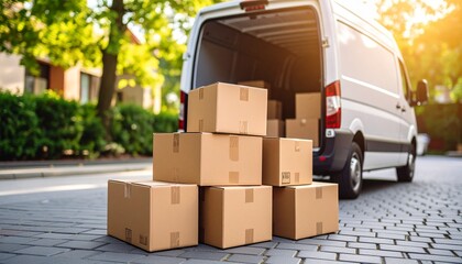 Delivering happiness and convenience with stacked cardboard boxes beside a white van