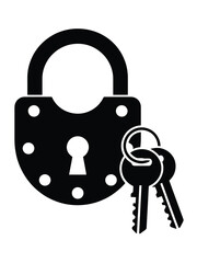 Vintage padlock and two keys black silhouette on white background