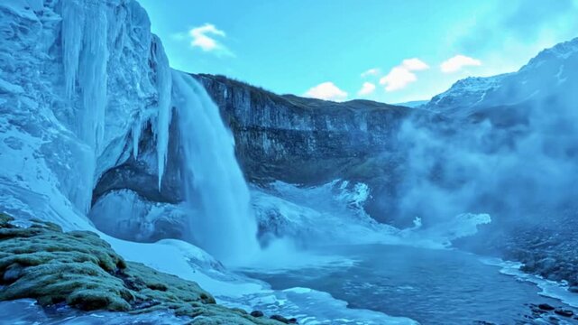 Air terjun glasial tersembunyi cinematic 4K, air es jernih jatuh dari tebing es, kabut dingin tebal mengisi lembah, cahaya fajar biru lembut, langit biru cerah atas awan tipis, lumut beku dan sisa
