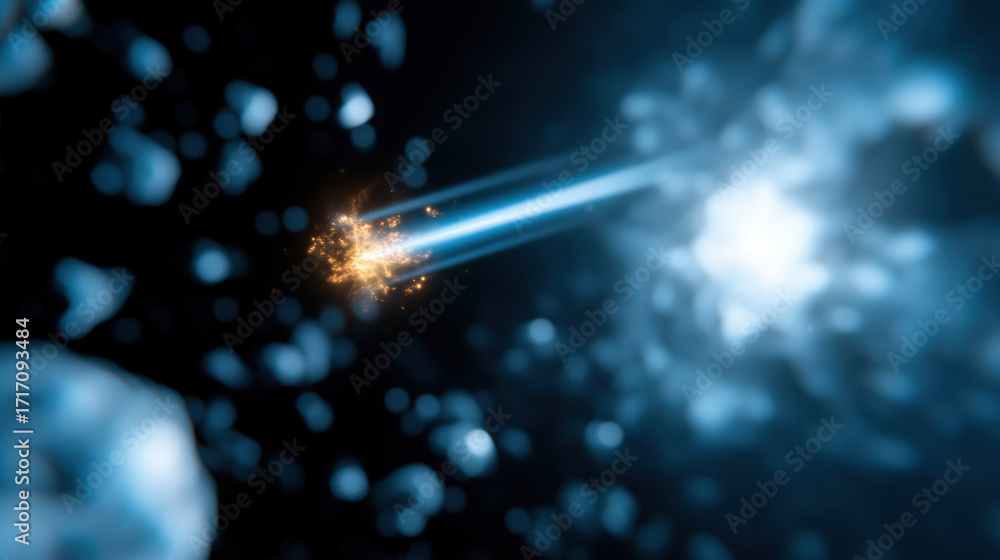 Poster gravity, abstract blue background with light beams and particles creating a dynamic visual effect.