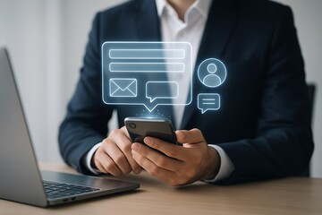 Futuristic digital business concept with smartphone communication interface glowing holographic email chat analytics dashboard professional corporate innovation strategy workflow and 