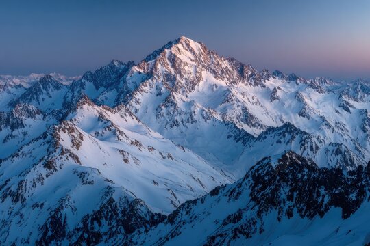 Snowy mountain range at dawn.  Vast winter peaks covered in snow, vibrant colors of sunrise - Powered by Adobe