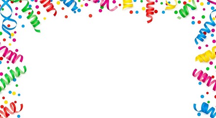Obraz premium Vibrant confetti and colorful streamers create a festive party border perfect for celebrations, holidays, and event promotions