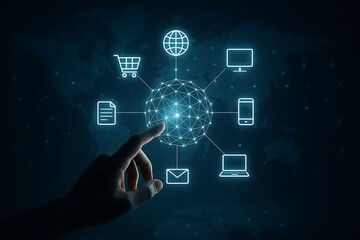 Futuristic holographic digital connectivity network with glowing globe and communication icons representing internet technology and worldwide connection concept