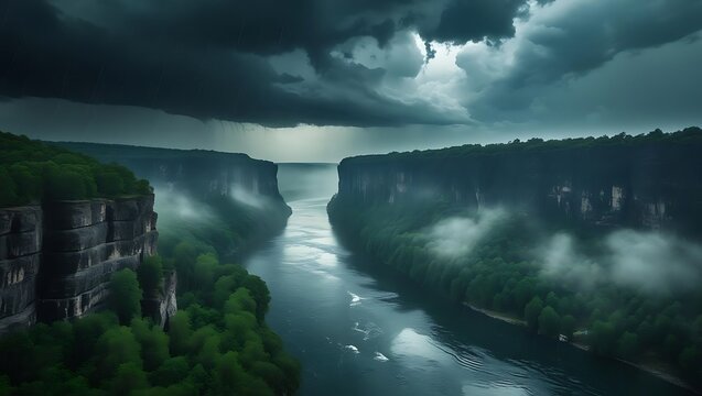 Dramatic waterfall canyon under moody stormy skies