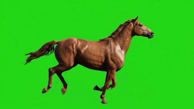 Elegant chestnut horse in full gallop, isolated on a vibrant green screen for easy background replacement, ideal for compositing in video projects