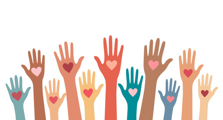 Group of raised hands of multicultural volunteer people holding a red heart. Concept of volunteering support or assistance