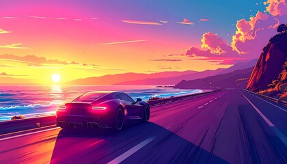 A vibrant, stylized depiction of a car driving along a coastal highway at sunset, showcasing a dynamic, colorful, and dreamlike atmosphere.