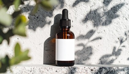 Elegant amber dropper bottle with blank label for your brand near delicate white blossoms