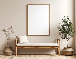 Minimalist Scandinavian entryway with blank frame, bench, and potted plant