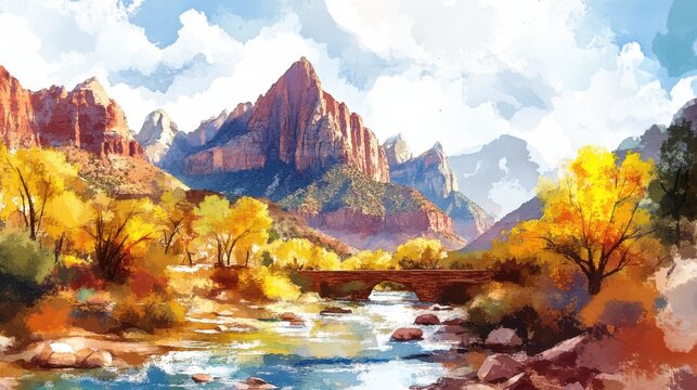 Serene autumn landscape with stone bridge and river