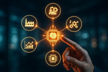 Hand touching futuristic AI holographic interface with glowing technology industry and automation icons representing modern innovation and digital transformation concept