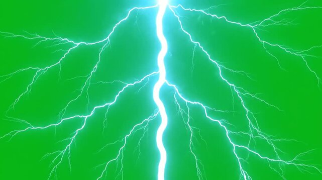 Dynamic lightning strikes animation on green screen for visual effects compositing and motion graphics projects or overlay elements for video