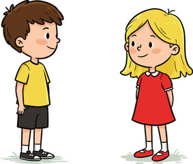 Cute cartoon boy and girl standing, smiling children facing each other, friendly kids illustration, cheerful school kids, simple vector art