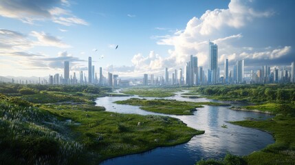 Obraz premium Serene cityscape with river and birds in flight during daytime