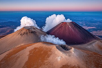 Aerial view of two volcanic cones, vibrant colors, sunrise