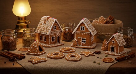 Toruń Gingerbread, gingerbread houses and iced cookies arranged on linen cloth, spice jars nearby © suriyani