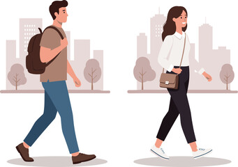 Urban commute, city walking, casual outfit, autumn fashion, everyday life, street scene, backpack style, seasonal clothing, modern buildings, leafless trees