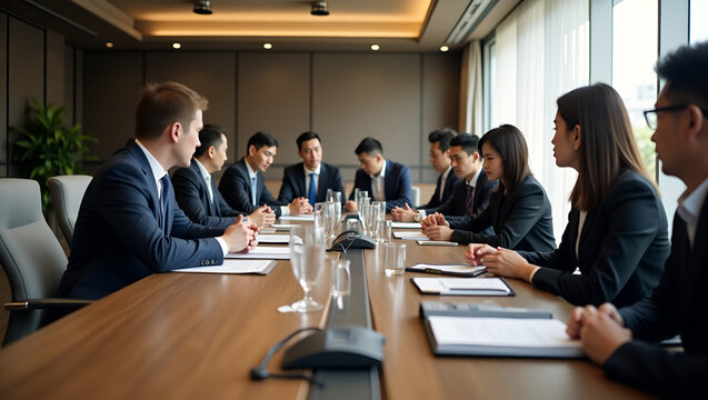 Diplomat engaging in government policy Asia negotiations at roundtable discussion with country representatives and policy documents spread on table in  Photo Stock  Concept  and empty space on the lef