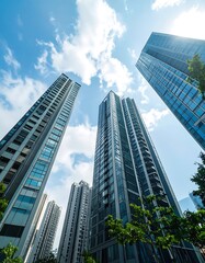 Low angle view of modern high-rise buildings against a partly cloudy sky