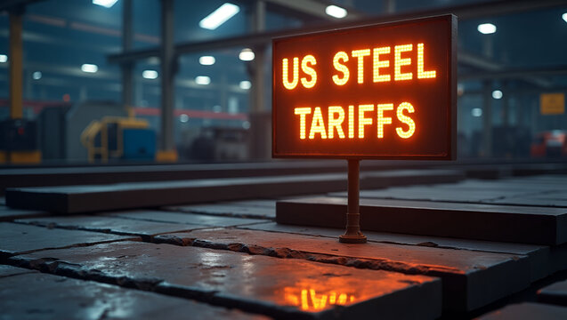 Factory floor scene of steel beams being stamped �Made in USA� under overhead display reading �US Steel Tariffs� surrounded by cost analysis charts in  Photo Stock  Concept  and empty space on the lef
