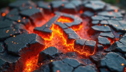 Glowing letter R formed from hot rocks in volcanic setting