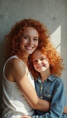 Obraz premium Caucasian woman hugging daughter by window in happy moment