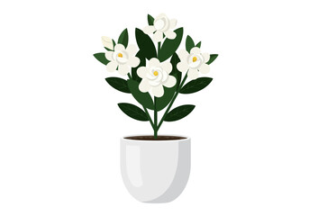 Elegant white gardenia plant with lush green leaves in a modern white pot vector illustration.