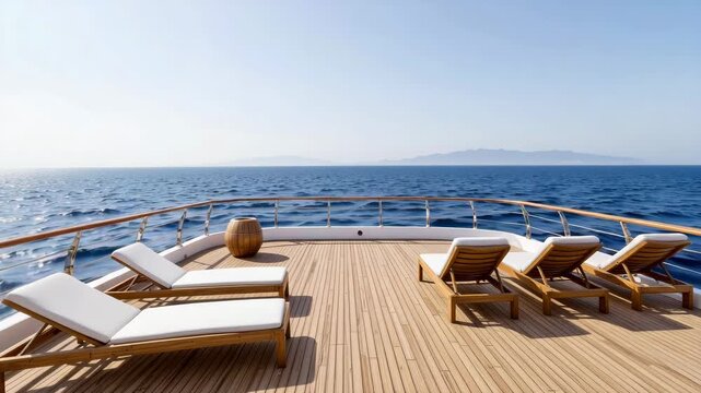 Luxury yacht deck wooden lounge chair outdoor seating calm ocean horizon clear sky sea view relaxing tranquility islands blue waters