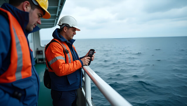 Oceanographers on Research Vessel: Measuring Warming Ocean Temperatures, Salinity Changes, and Acidification with CTD Probes - Stock Photo Concept with Left Space