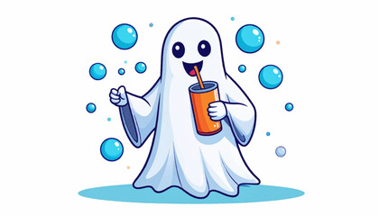 Obraz premium A whimsical cartoon ghost sipping on a fizzy drink from an orange cup. This cute and friendly spirit is perfect for Halloween designs and mascot creation