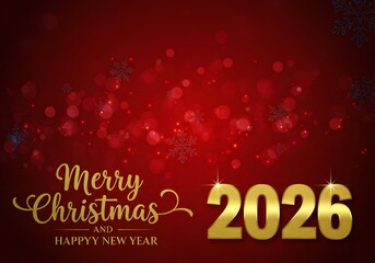 Elegant golden merry christmas 2026 text with festive sparkle and bokeh lights